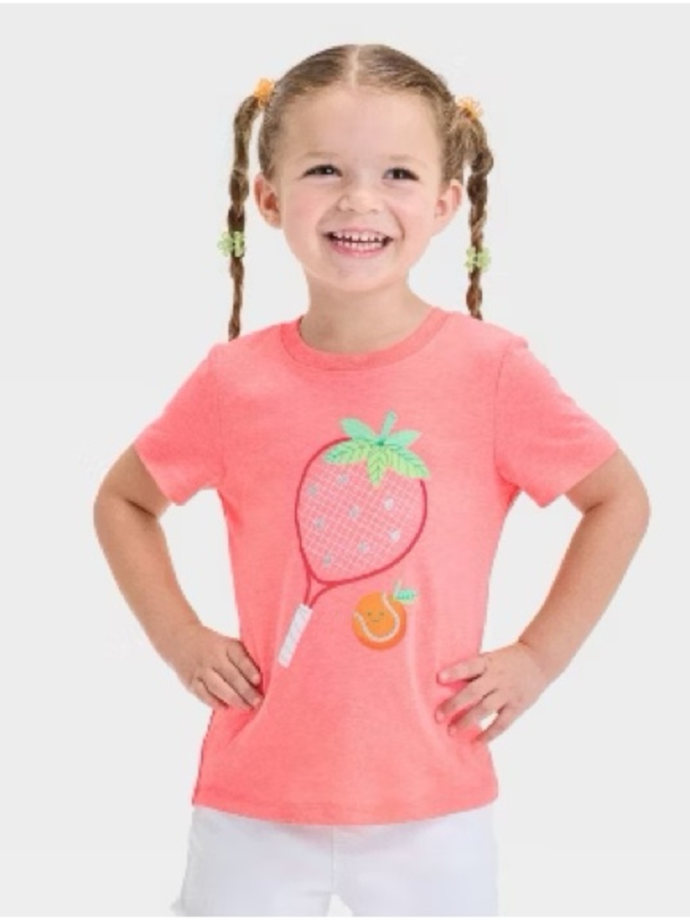 Cat & Jack Coral Pink Short Sleeve Tee with Tennis Strawberry Graphic